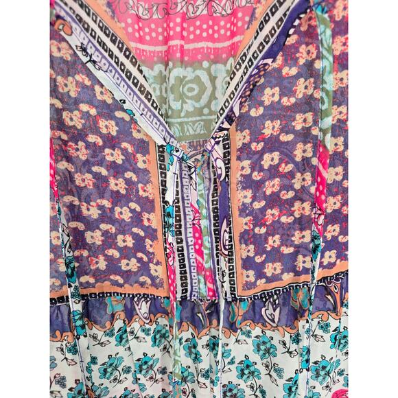 American Rag Womens Sz M 3/4 Sleeve Tunic Blouse Patchwork Print Boho Semi Sheer - Picture 6 of 6